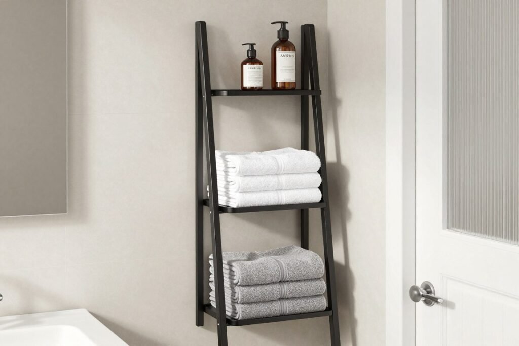 slim ladder shelf in narrow bathroom