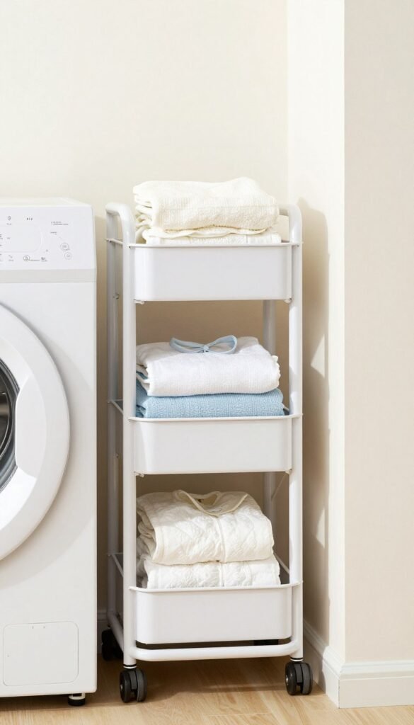 slim rolling cart in narrow laundry room