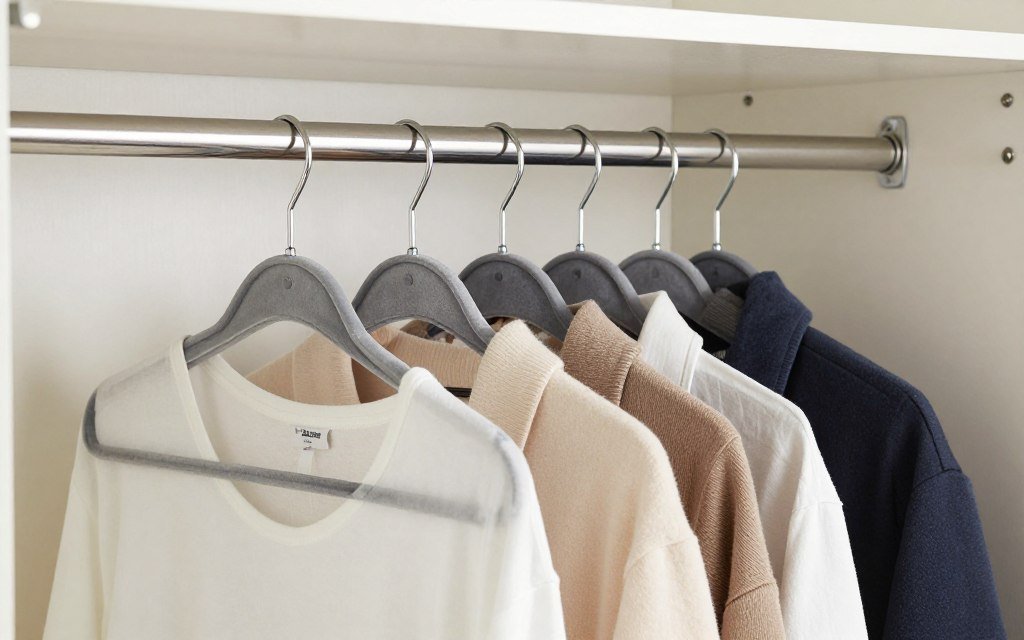 slim velvet hangers in small closet saving space