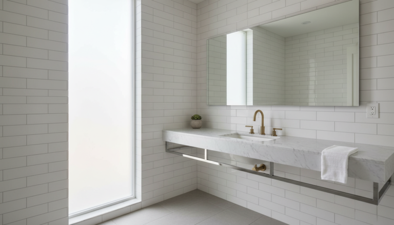 small bathroom design ideas featuring white marble vanity and gold fixtures