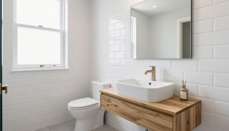 small bathroom renovation with modern tile and vanity showcasing space-saving design