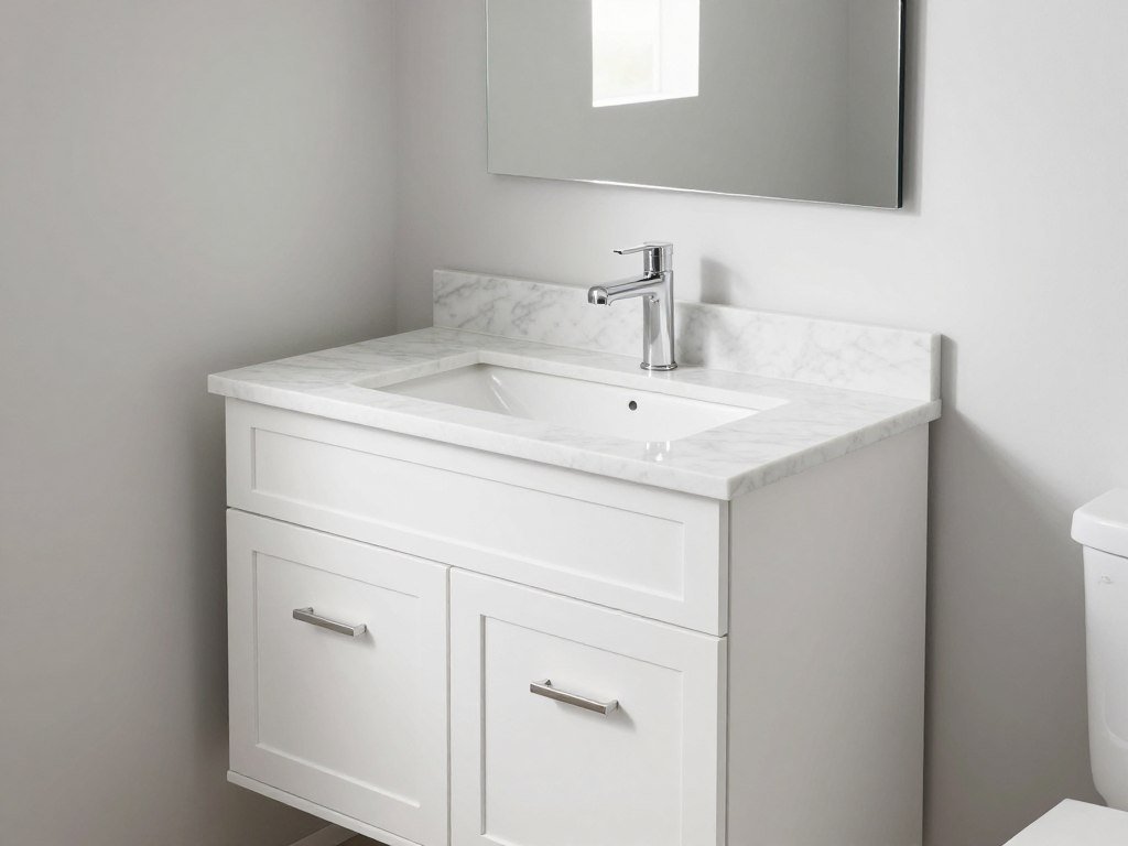 small bathroom vanity with storage drawers and cabinets