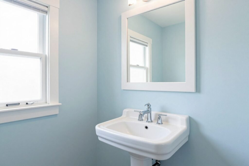 small bathroom with light blue painted walls and white trim creating airy atmosphere