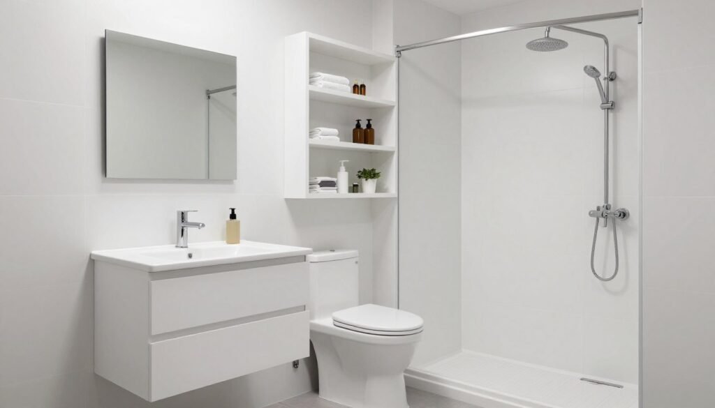 small bathroom with multiple smart storage solutions
