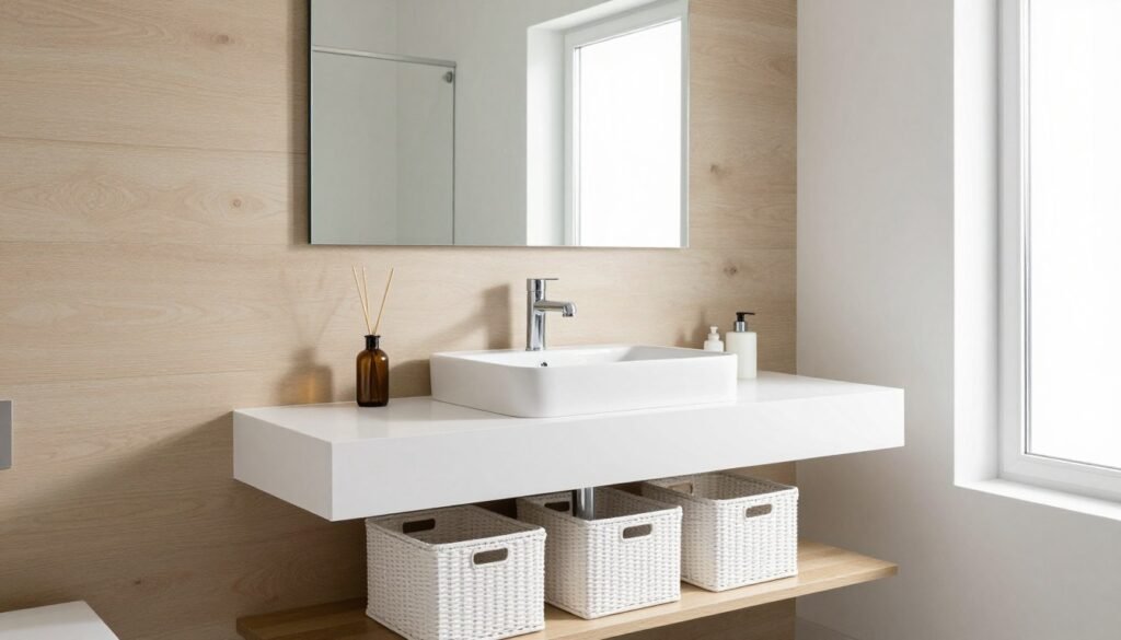 small bathroom with wall-mounted floating vanity and storage baskets underneath
