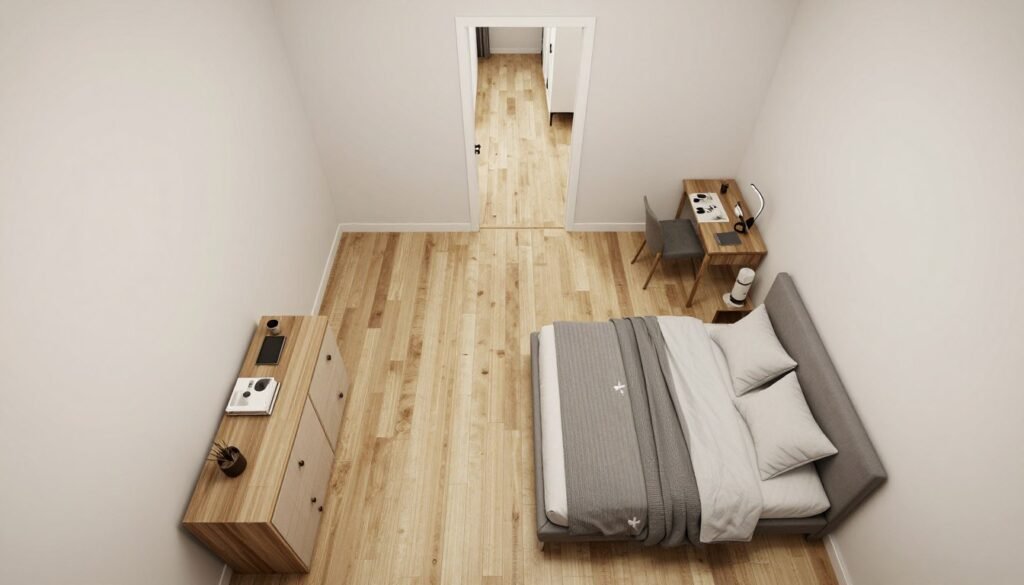 small bedroom layout with clear pathways between furniture