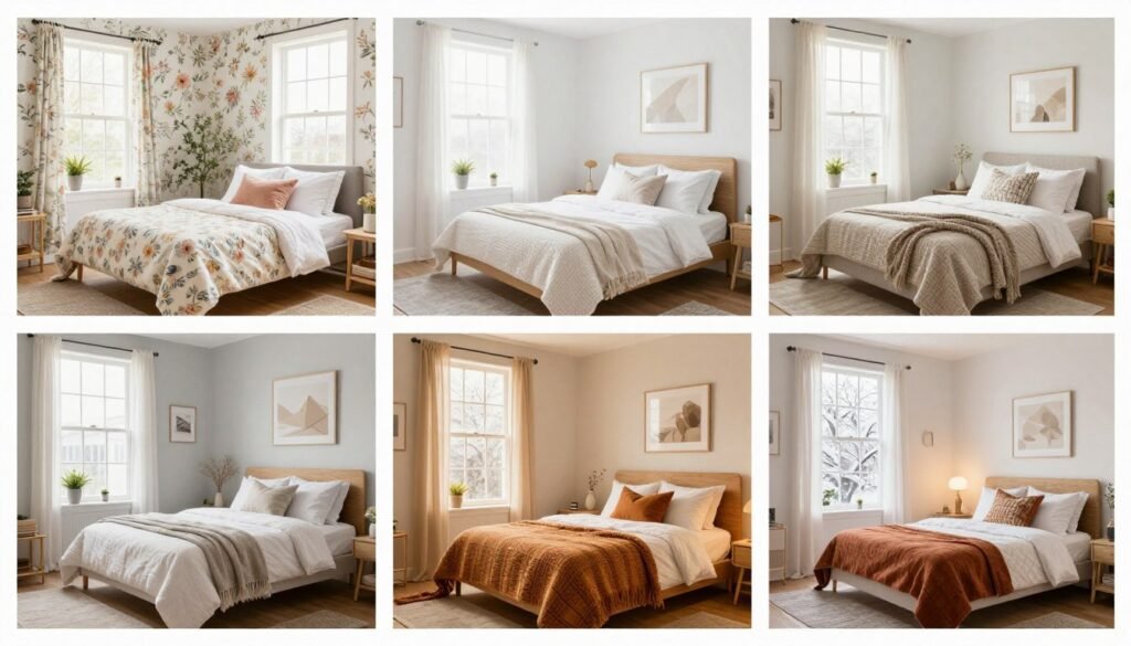 small bedroom showing seasonal decor changes throughout the year