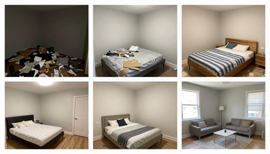 small bedroom transformation showing gradual improvement process