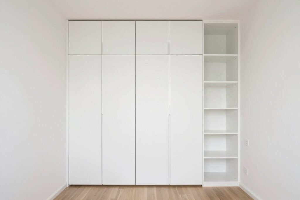 small bedroom with custom built-in storage along walls
