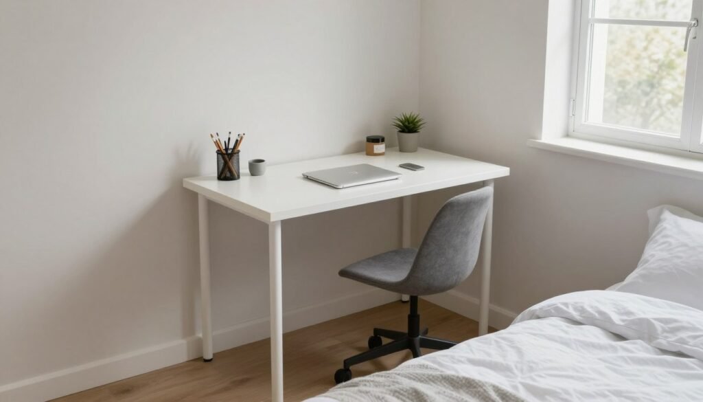 small bedroom with desk positioned away from bed area