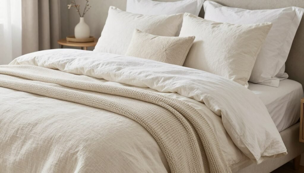 small bedroom with light textured bedding and layered fabrics