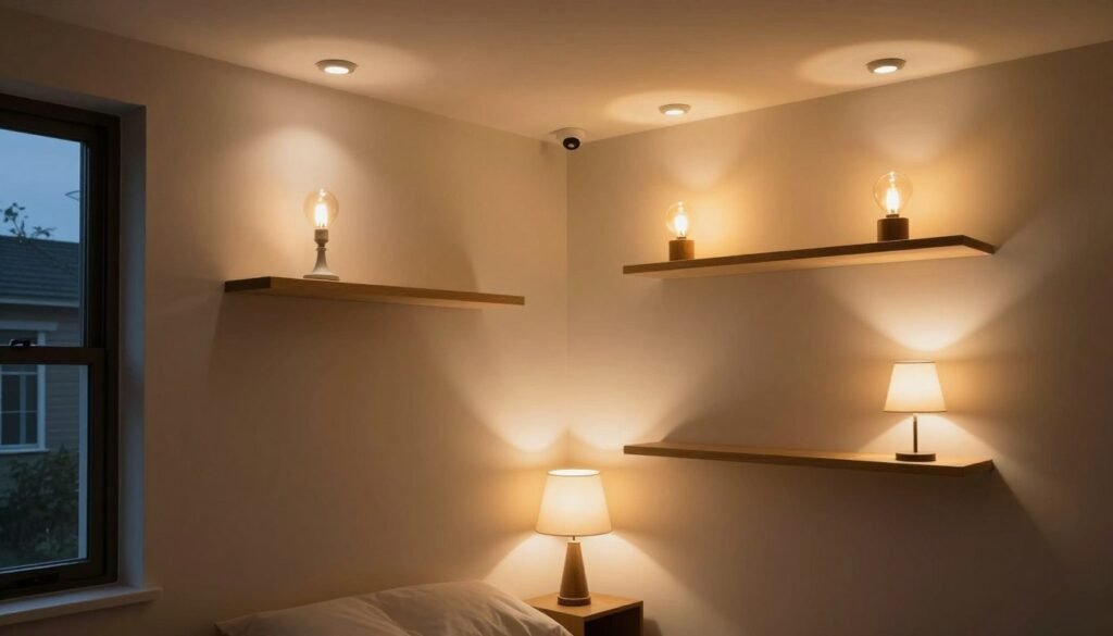 small bedroom with multiple lighting layers creating ambiance