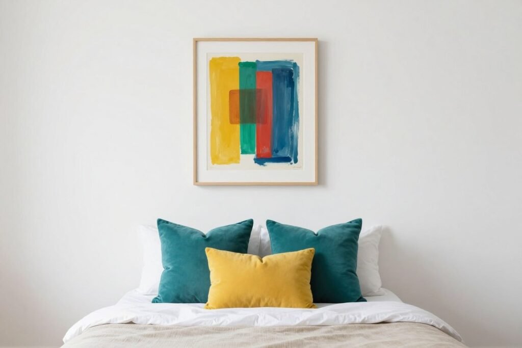 small bedroom with neutral base and colorful accent pillows