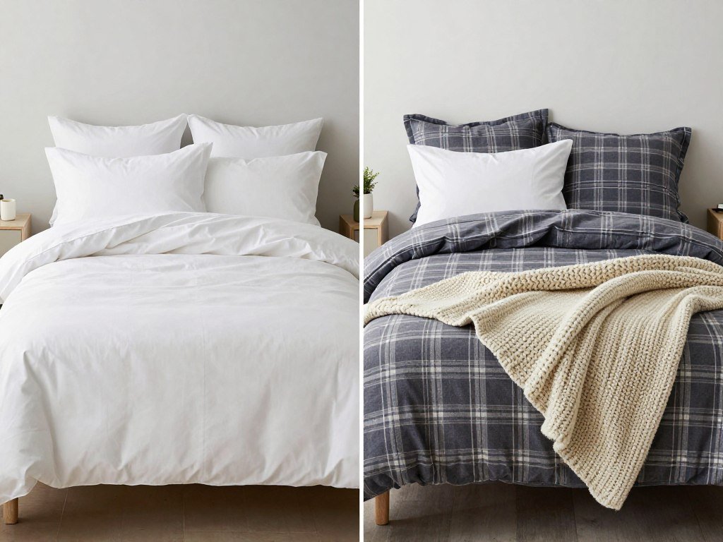 small bedroom with summer versus winter bedding comparison