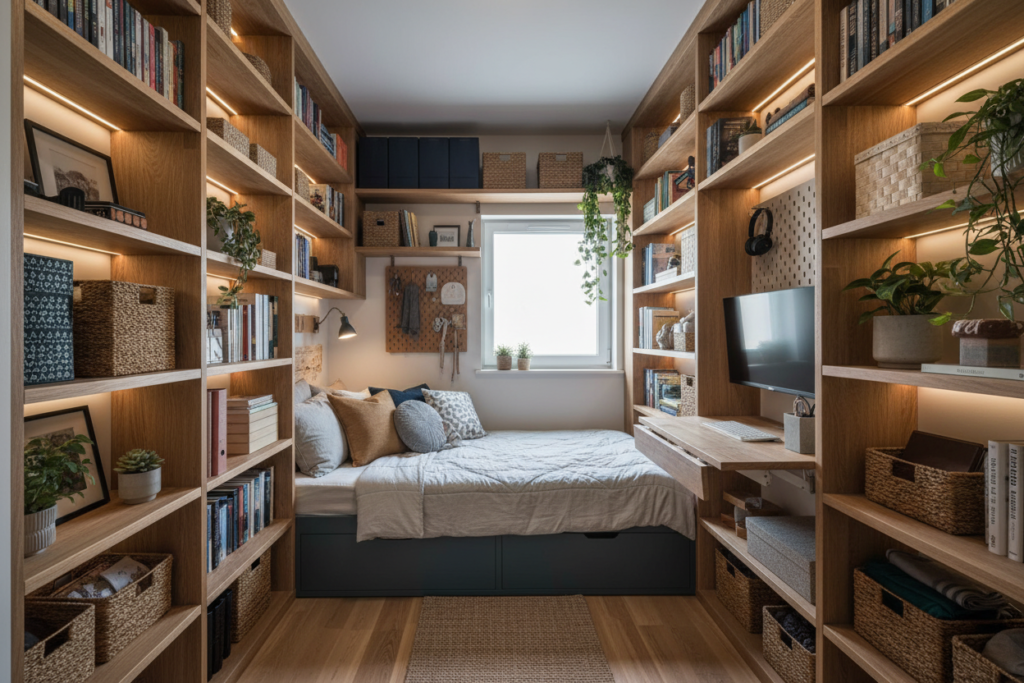 small bedroom with vertical storage solutions