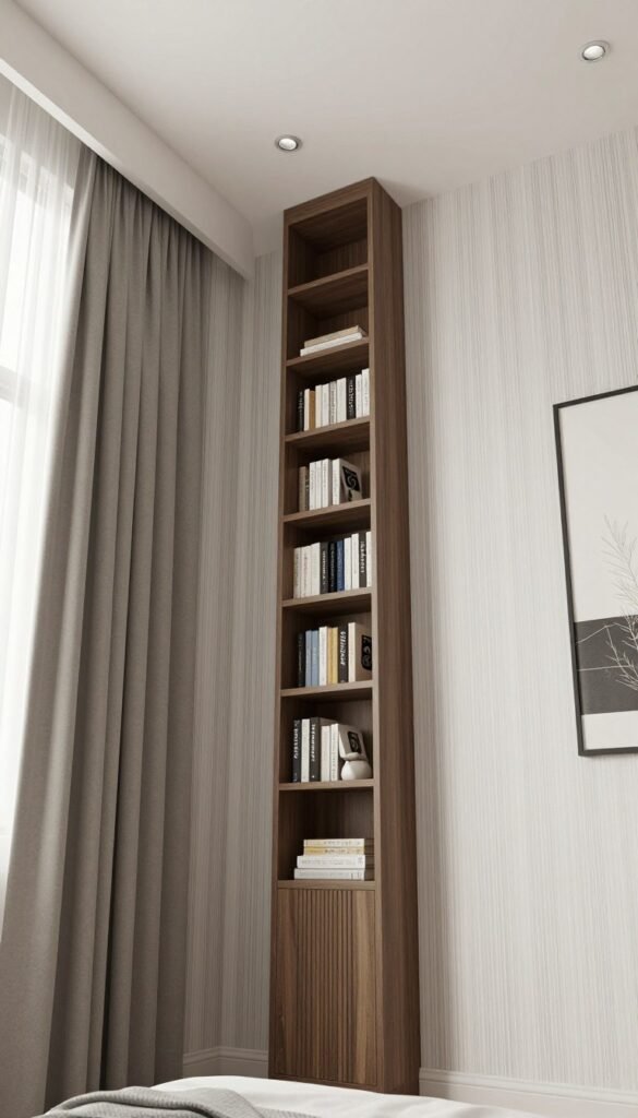 small bedroom with vertical stripes and tall design elements