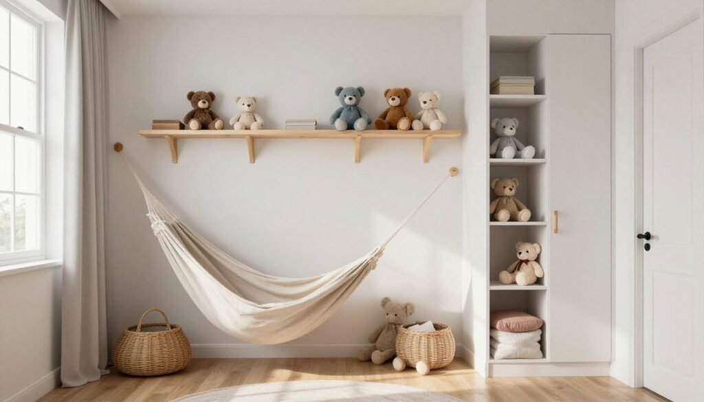 small bedroom with vertical stuffed animal storage solutions