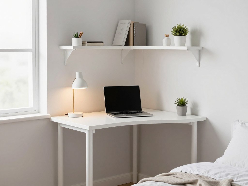 small corner desk in bedroom workspace area