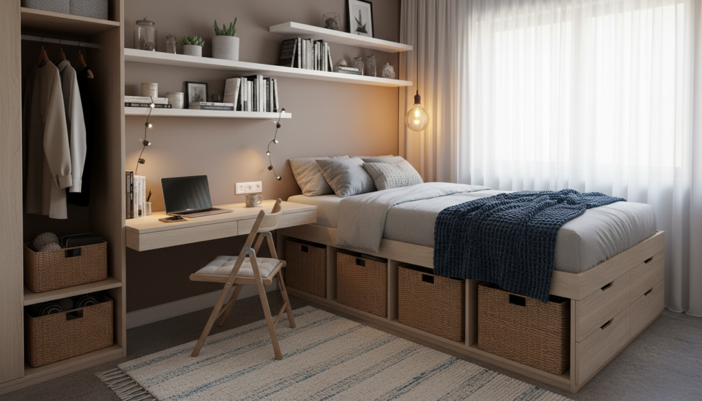 small cozy bedroom with smart storage solutions