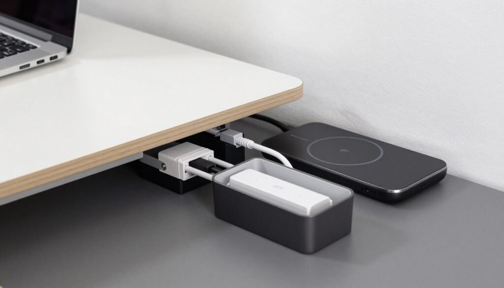 small desk with organized cable management system