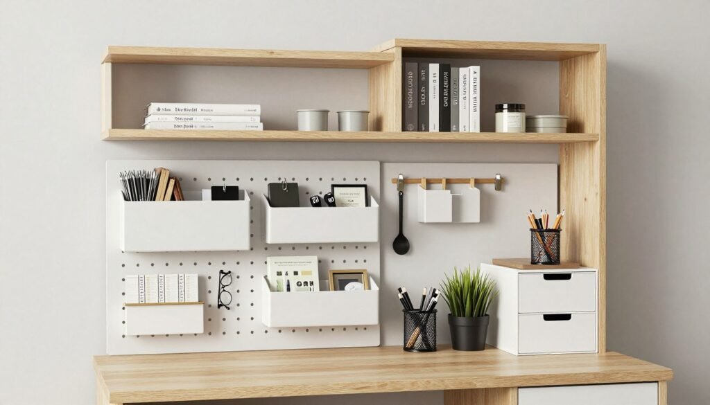 small desk with organized storage solutions above and around