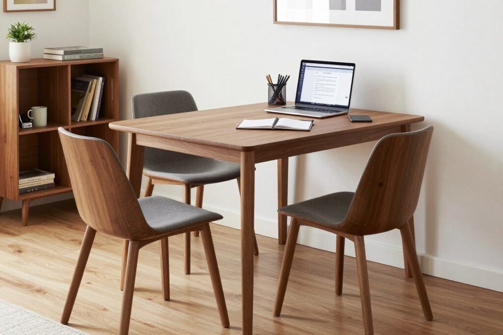 small dining table styled as workspace during daytime