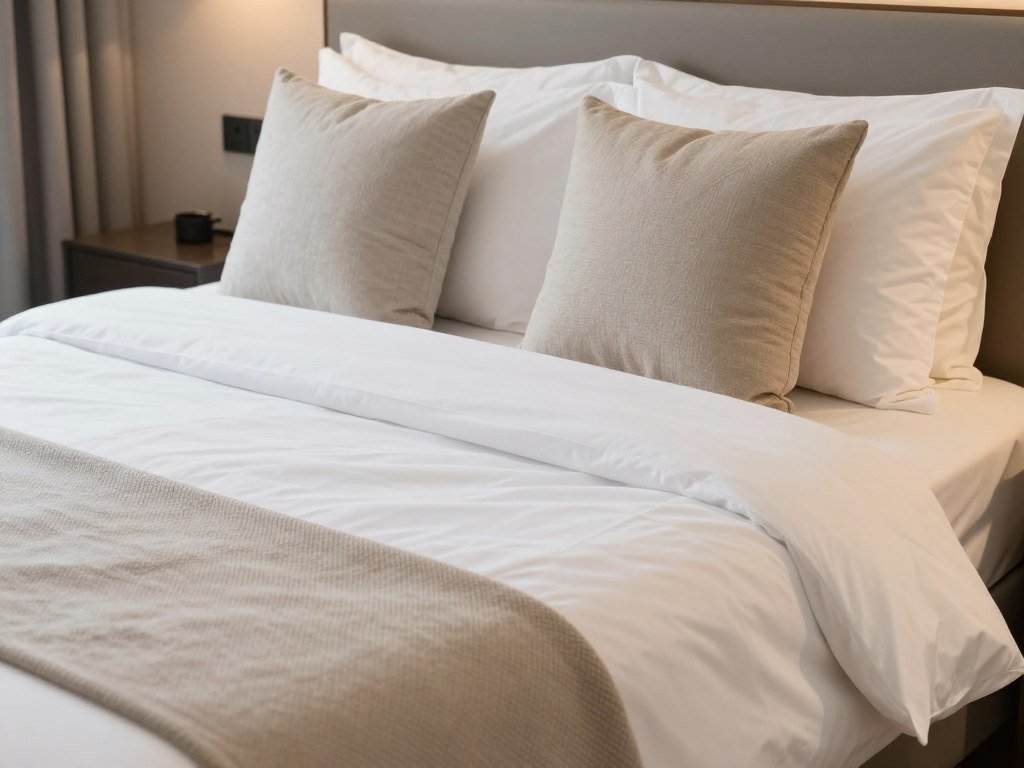 small guest bedroom with layered white bedding and textured throw blankets creating inviting bed