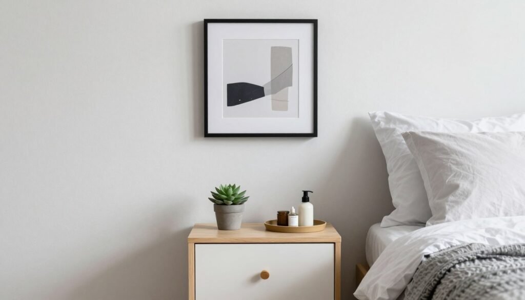 small guest bedroom with minimal tasteful decor including small plant and framed art