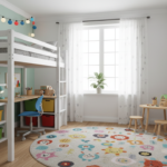 small kids bedroom ideas with colorful storage and loft bed