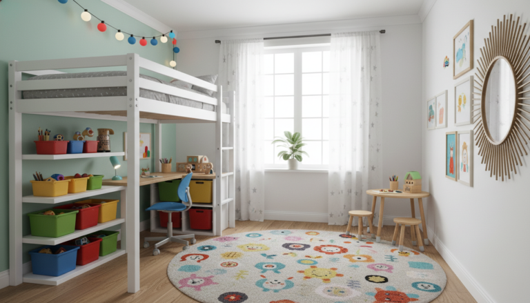 small kids bedroom ideas with colorful storage and loft bed