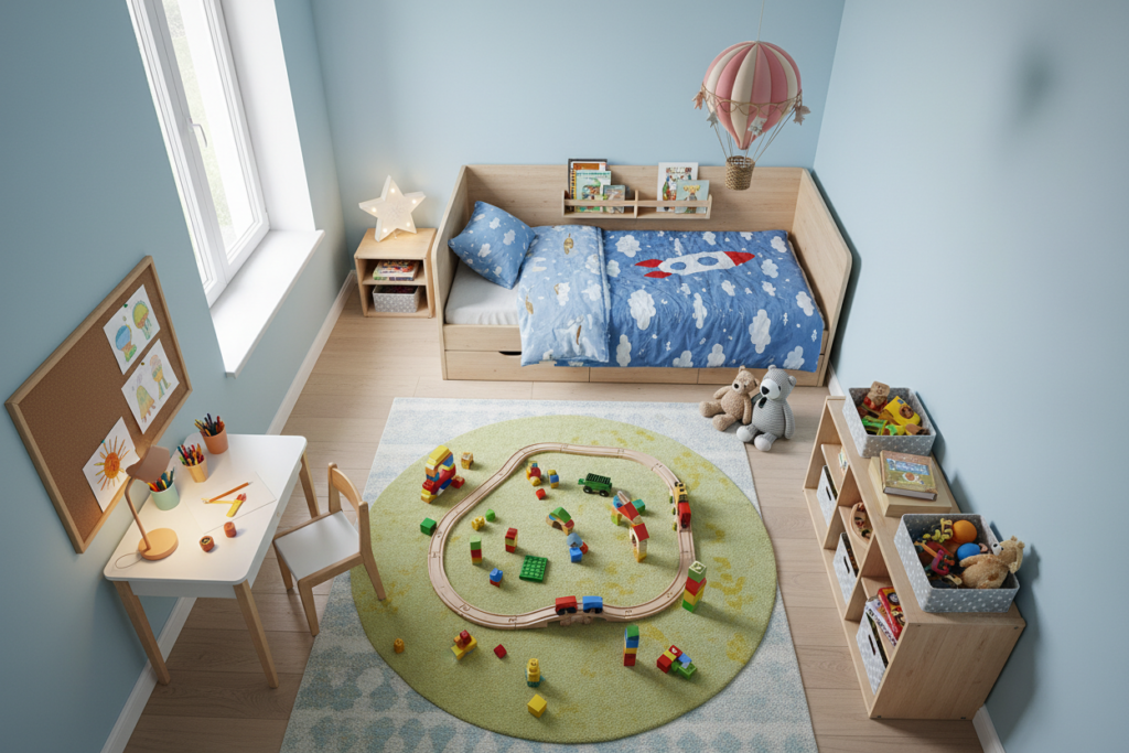 small kids bedroom with furniture arranged to maximize floor space
