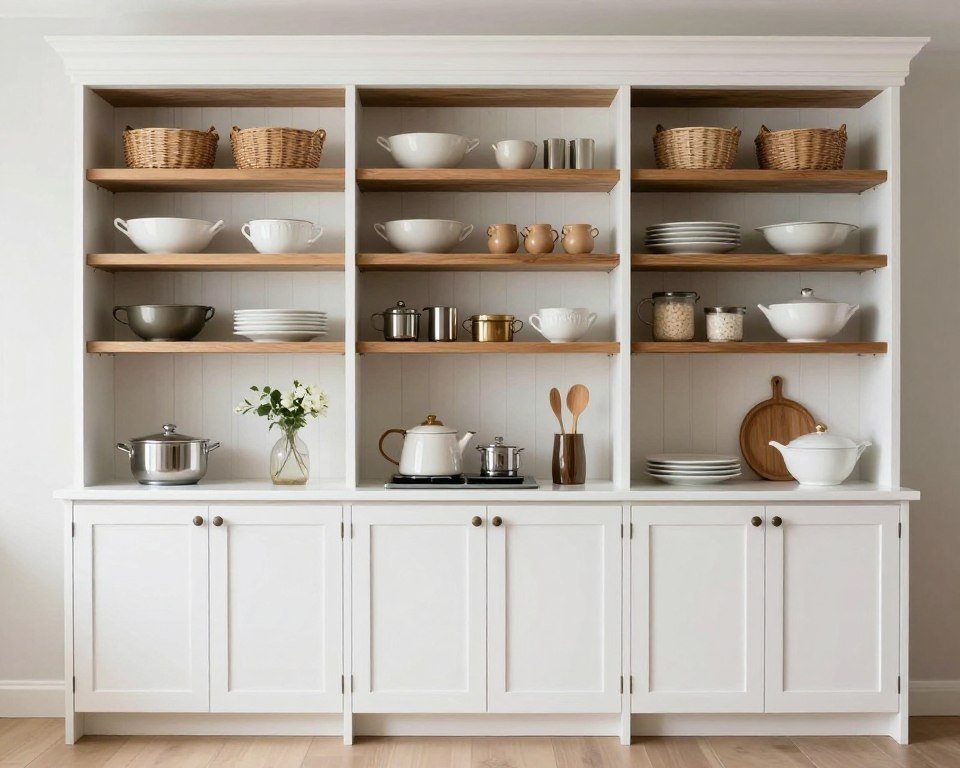 small kitchen combining open shelving and closed white cabinets