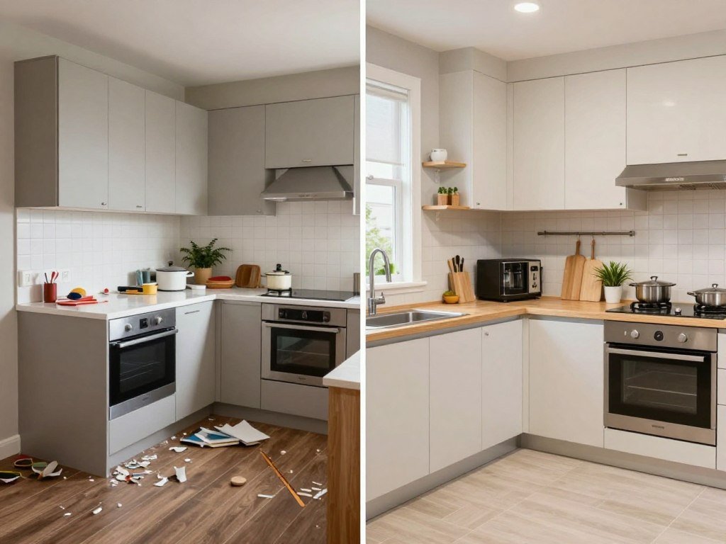small kitchen showing before and after transformation