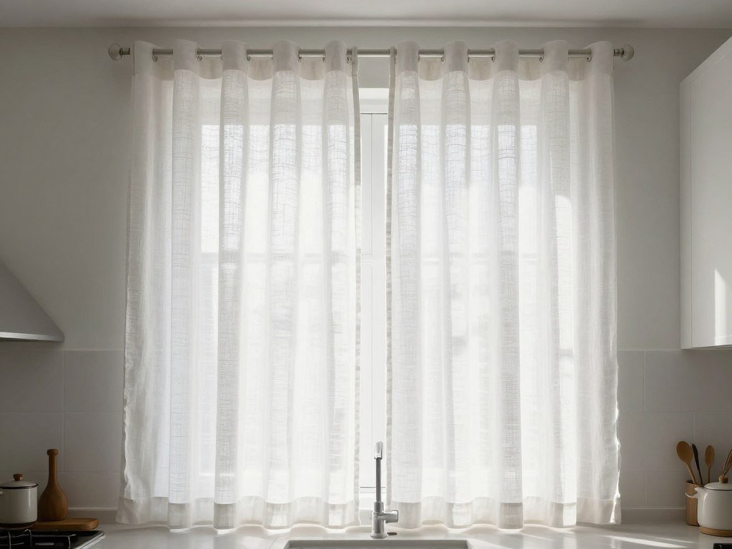 small kitchen window with white linen curtains filtering light