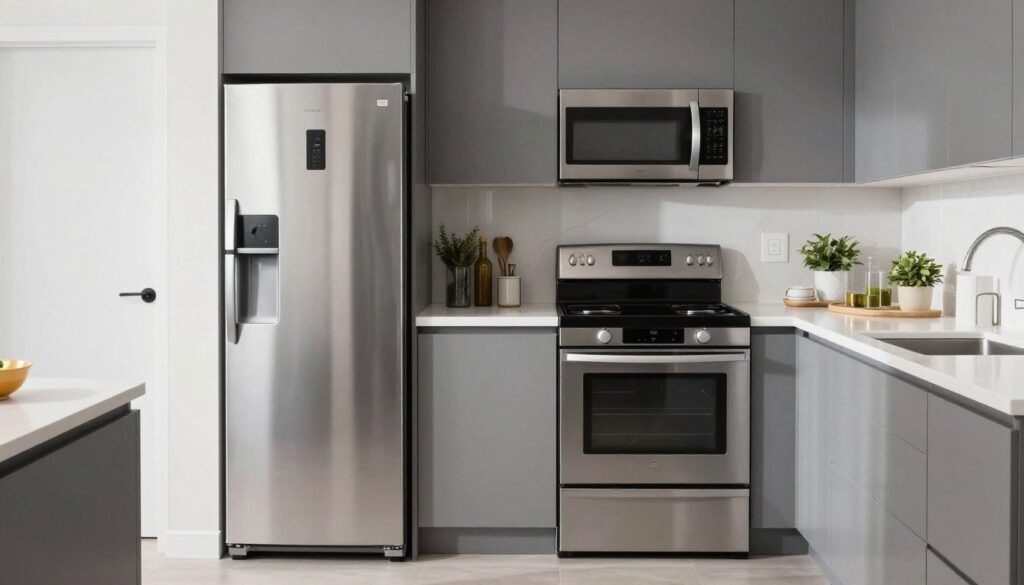 small kitchen with compact stainless steel appliances efficiently arranged