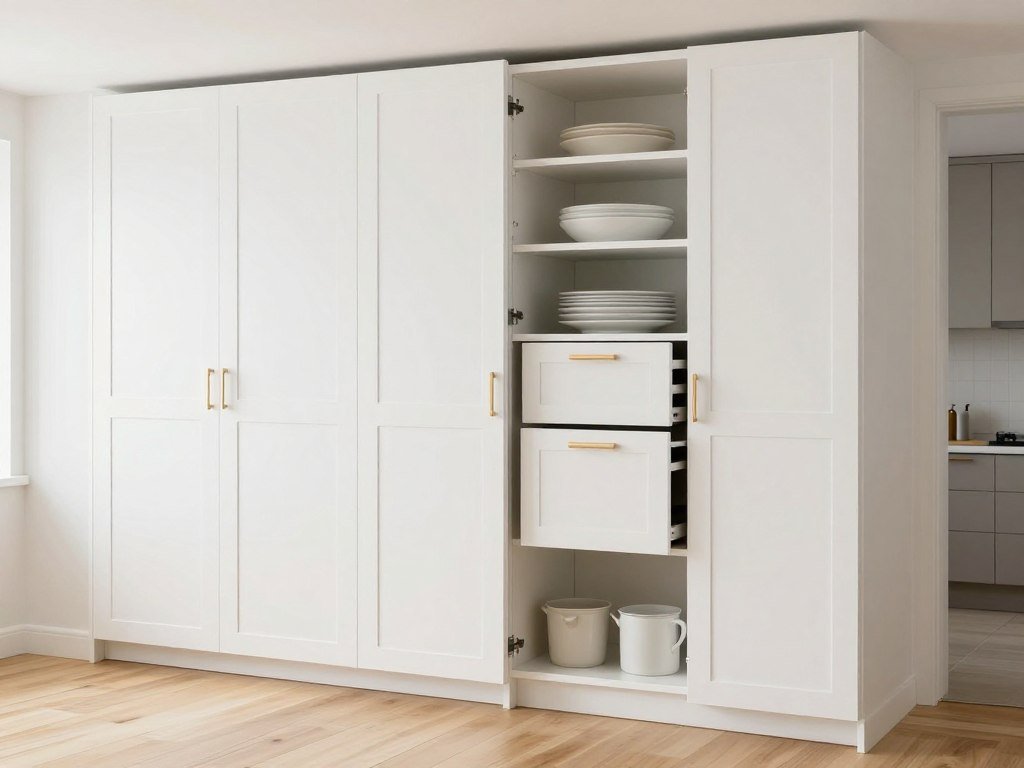 small kitchen with floor-to-ceiling white cabinets maximizing vertical storage space