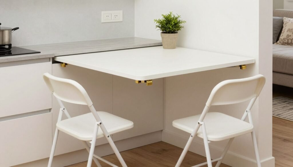 small kitchen with fold-down dining table attached to wall