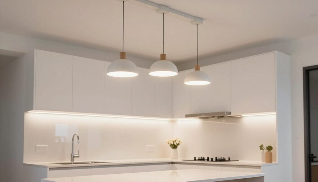 small kitchen with layered lighting including pendant and under-cabinet lights