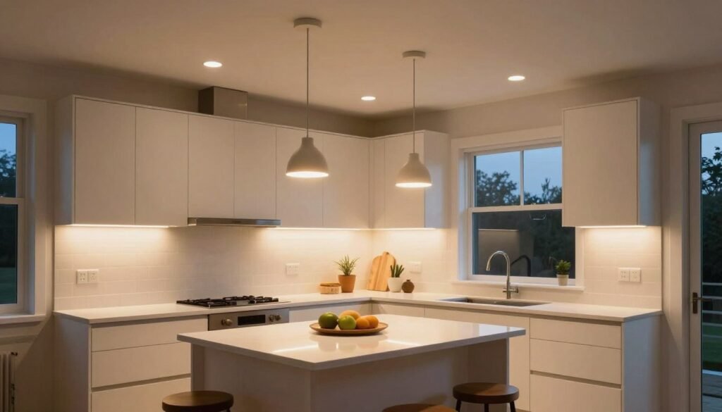 small kitchen with layered lighting including recessed, pendant, and under-cabinet lights small kitchen with layered lighting including recessed, pendant, and under-cabinet lights
