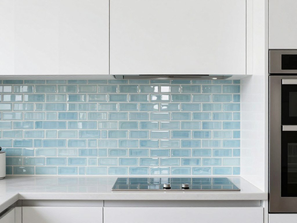 small kitchen with pale blue glass tile backsplash