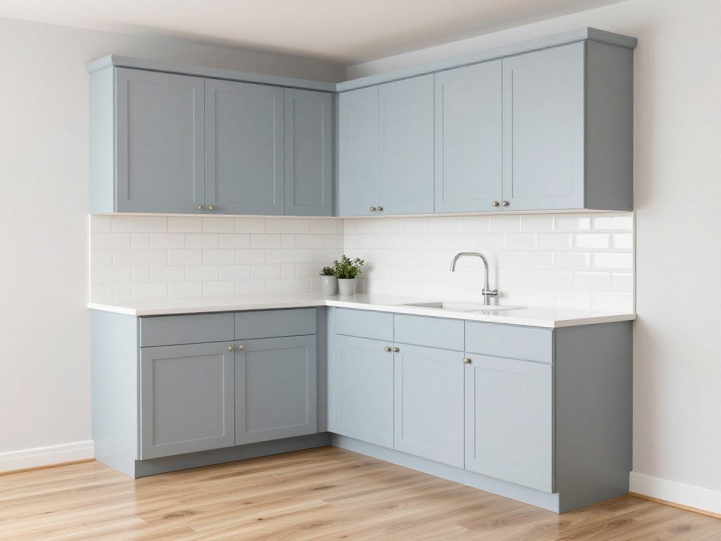 small kitchen with pale blue-gray painted cabinets