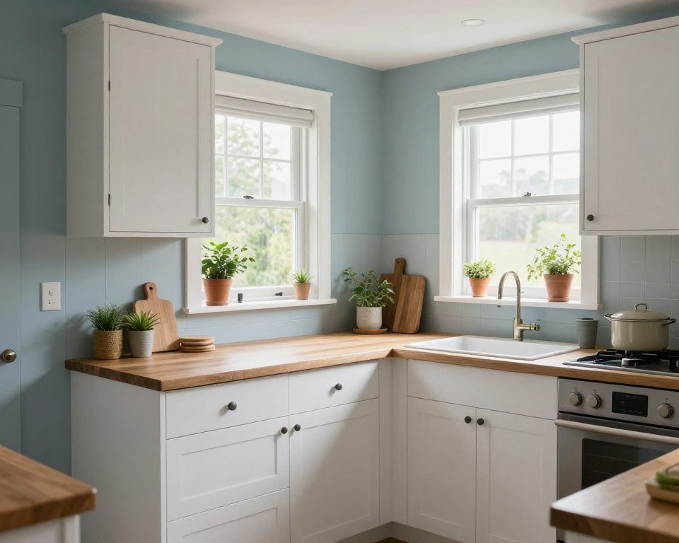 small kitchen with pale blue walls and white cabinets creating calm spacious atmosphere