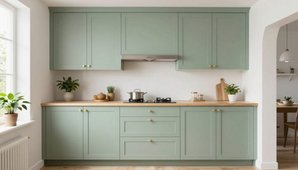 small kitchen with soft sage green cabinets and white walls
