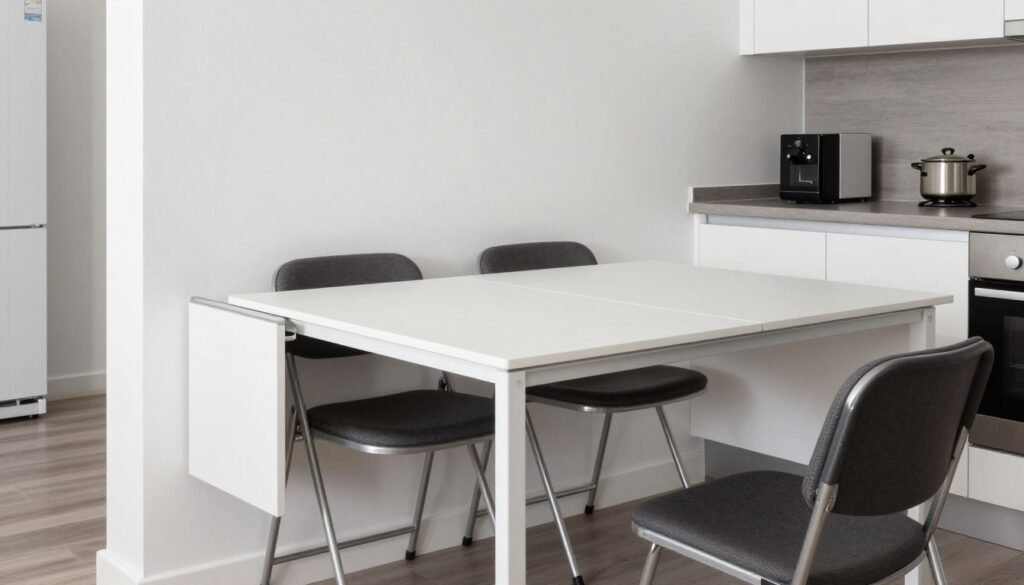 small kitchen with wall-mounted drop-leaf table for dining