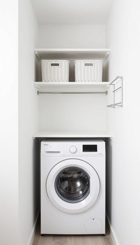 small laundry closet with stackable washer dryer and organization