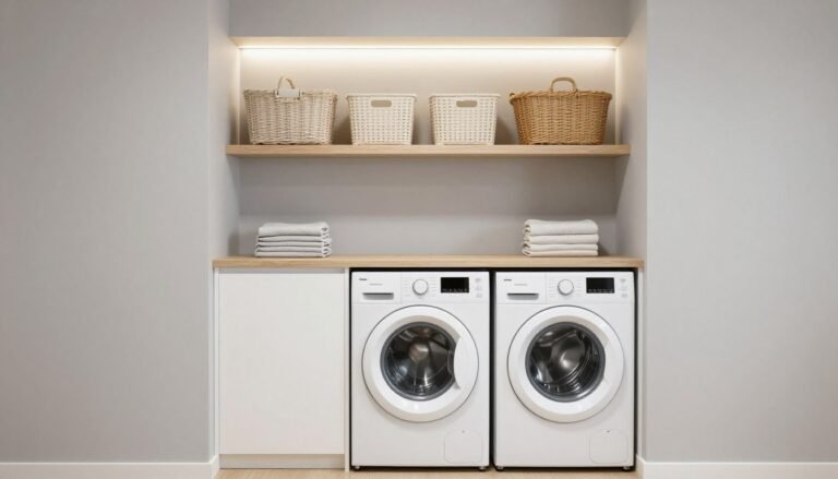 small laundry room ideas stackable with modern white cabinets and organized shelving