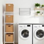 small laundry room organization with shelving and baskets