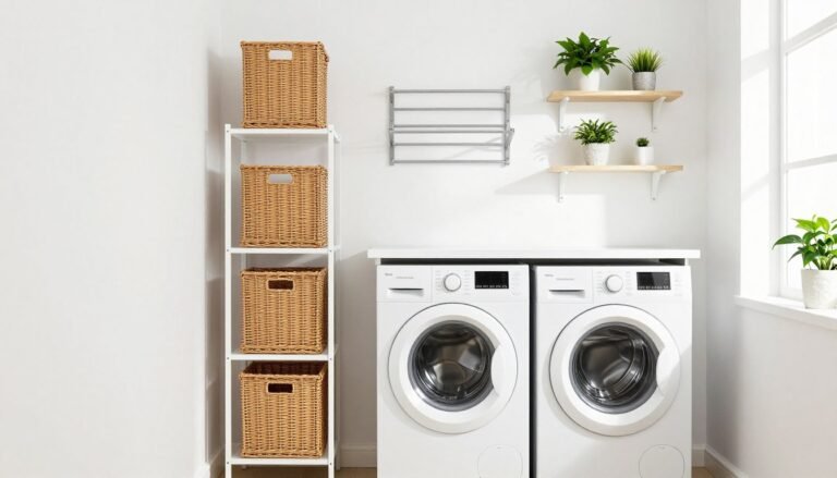 small laundry room organization with shelving and baskets