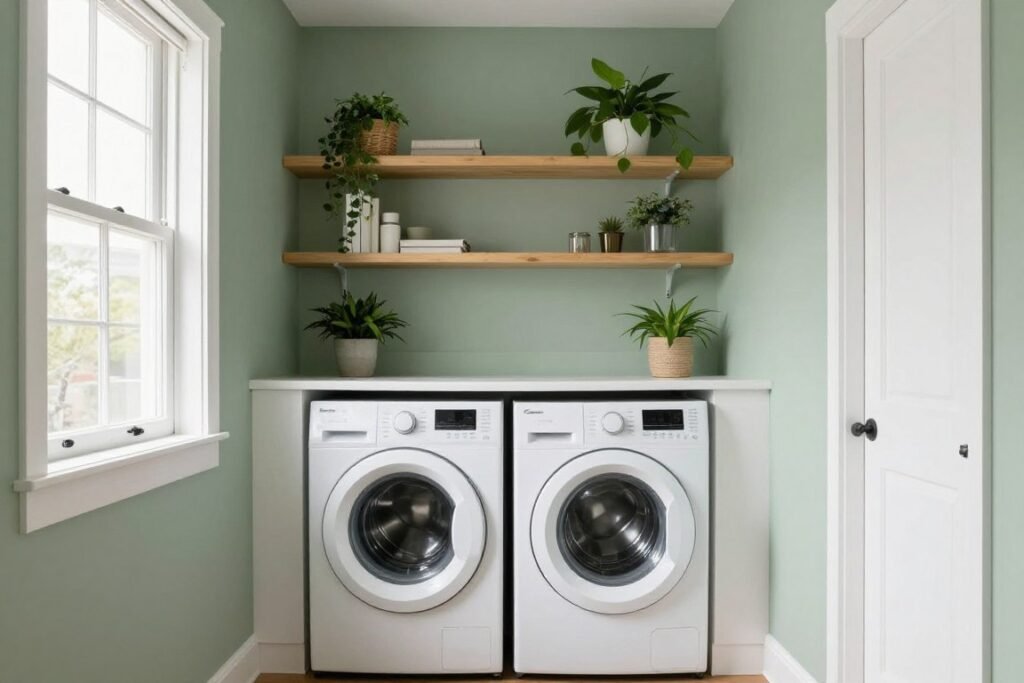 small laundry room painted in soft sage green with white trim