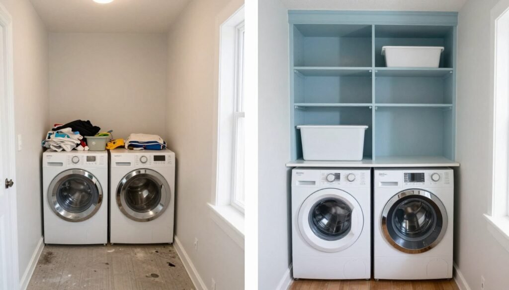 small laundry room showing before and after transformation